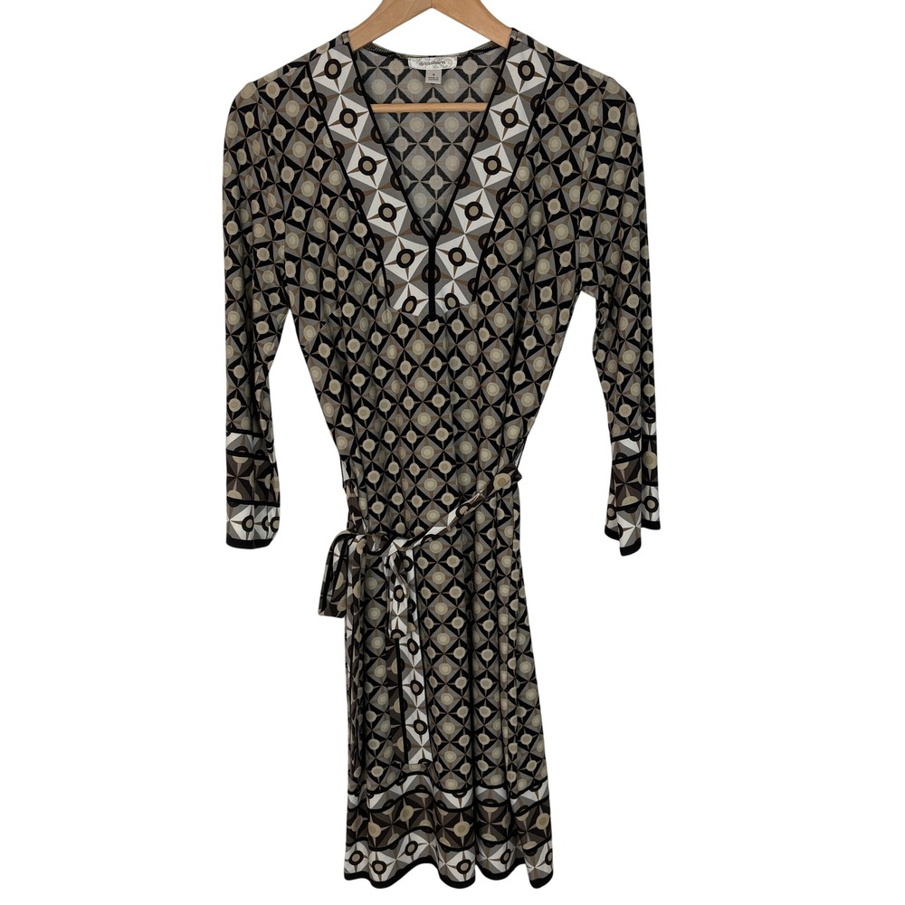 Women Geometric Belted Midi Sheath Dress Sz 8 Black Tan Mod Retro Office Stretch